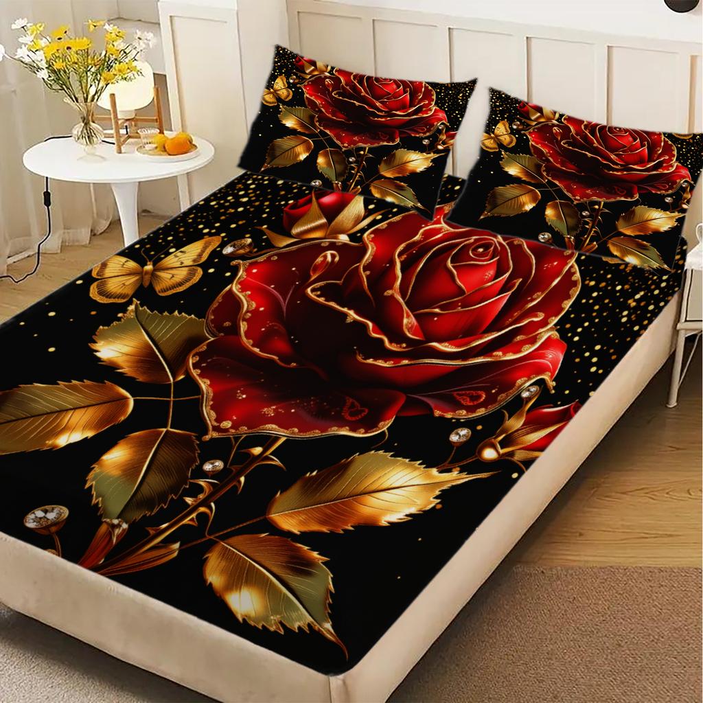 Purple Rose And Butterfly Print Fitted Sheet Set Black With Gold Accents Bedding Set With Pillowcases For Bedroom Decor