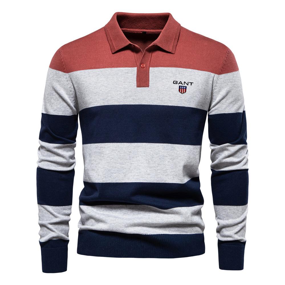 Gant Autumn Embroidery New Men's Long Sleeved Polo Collar Sweater Slim Fit Lapel Striped Patchwork Knit Sweater
