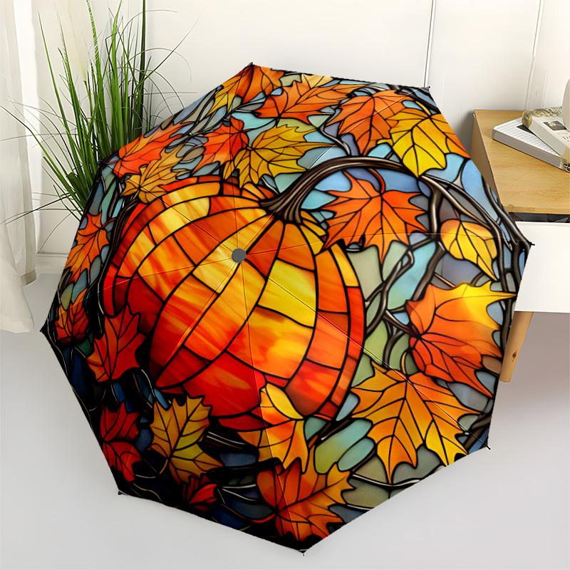 1pc Autumn Leaves Pumpkin Auto Folding Umbrella, Sturdy And Durable Automatic Folding Umbrella with 8 Ribs, Convenient for Outdoor Use125