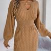 New Women’s Solid Color Cable Knit Hollow Out Lantern Sleeve Bodycon Sweater Dress