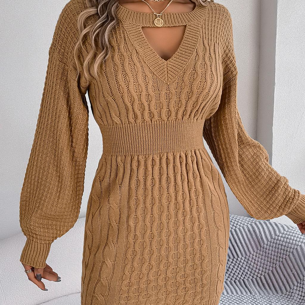New Women’s Solid Color Cable Knit Hollow Out Lantern Sleeve Bodycon Sweater Dress