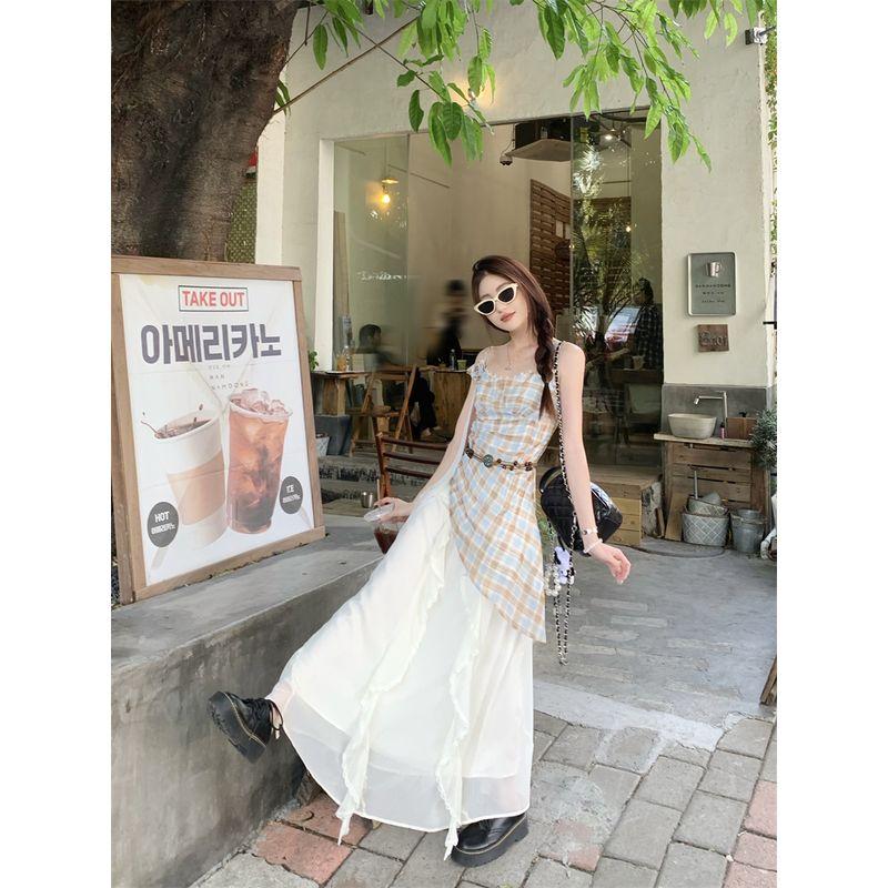 Kumikumi Retro Lazy Suit Plaid Irregular Spaghetti-Strap Vest Women's Autumn High Waist Skirt Two-piece Set