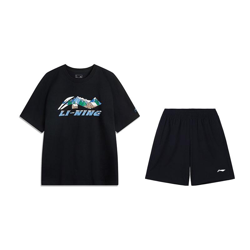 

Li-Ning Fashionable Versatile Breathable Short Sleeve Comfortable Shorts Casual Sports Suit Men suit Black V369-7+W685-1 S