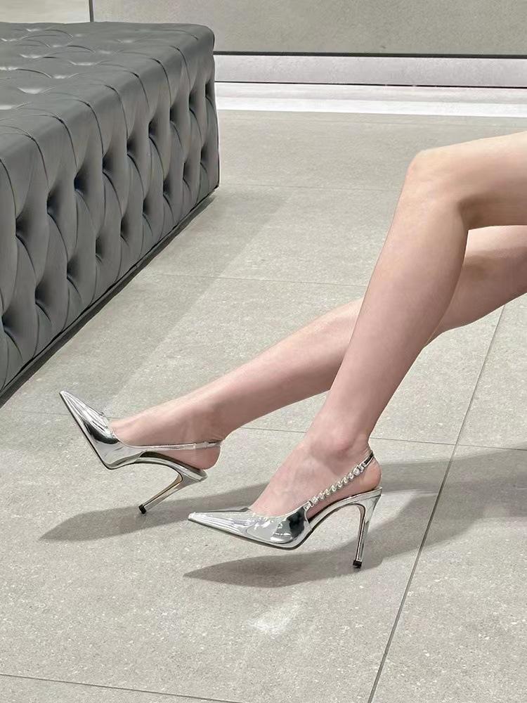 Rhinestone women's shoes temperament high heels single shoes pointed 2025 summer ins silver women's new celebrity stiletto sandals