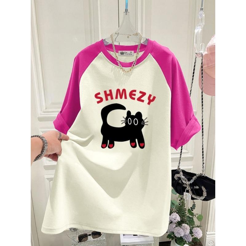 Nova T-shirt de Verão Versão Coreana Gato Desenho Animado Amor Versão Grande Solta Cor Contrastante Manga Raglan Manga Curta para Mulheres