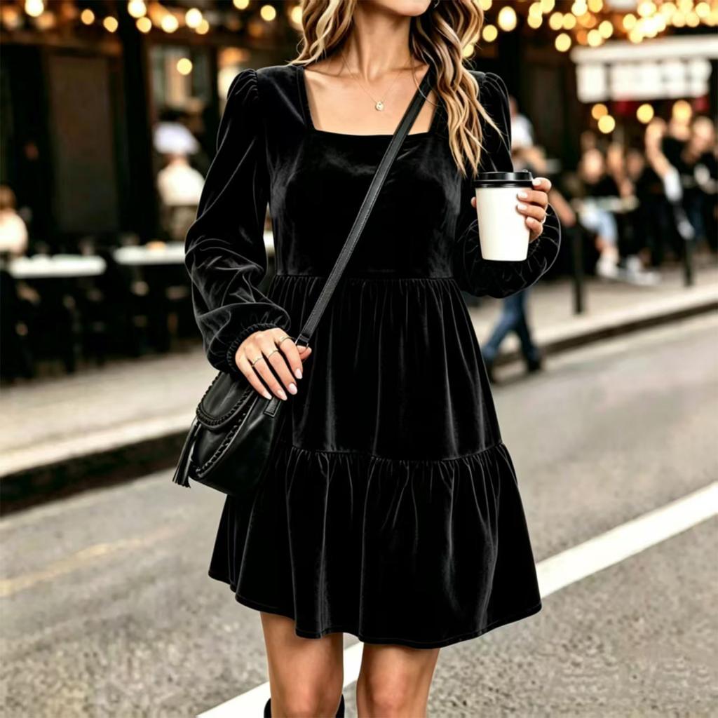 Women's Velvet Long Sleeve Square Neck Dress, Vintage Elegant for Fall and Winter