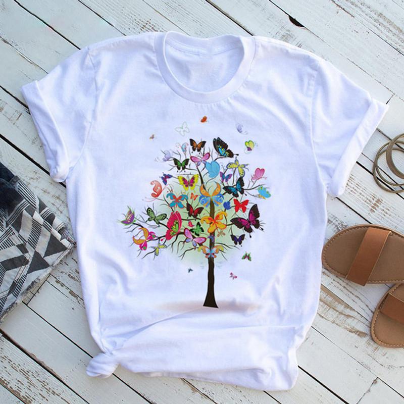 Women Summer T Shirt  Tree Pattern Print Retro Fashion Short Sleeve Tees Casual   Printed  Tops