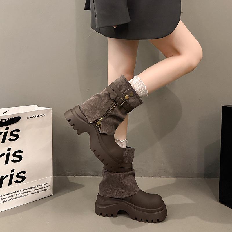 2025 New Denim Metal Buckle Platform Muffin Small Martin Boots Locomotive Boots Short Boots Pants Boots Women's Shoes