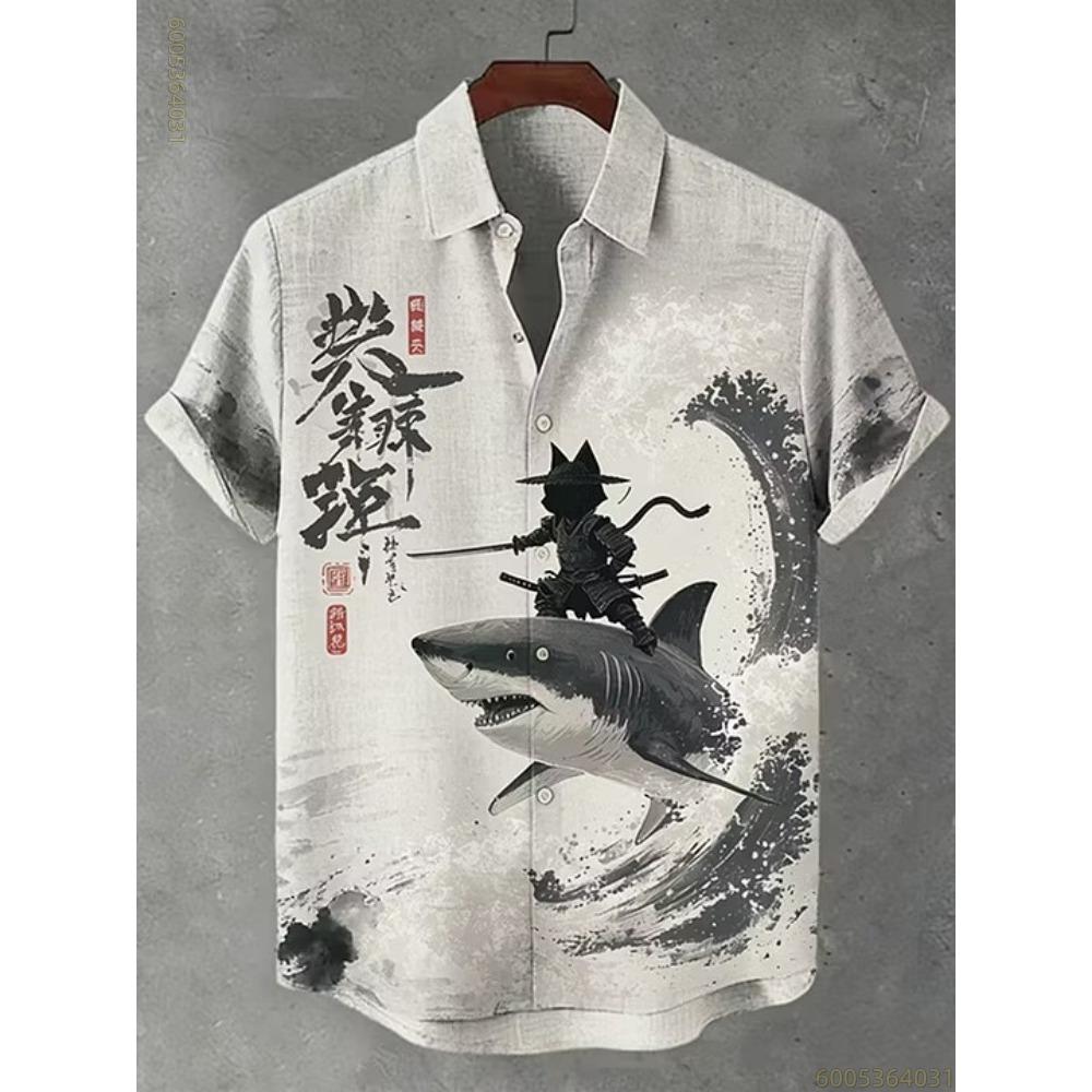 Men's Shirt, Black Cat Riding a Shark, Hawaiian Style, Men's Collared Short-sleeved Shirt, Everyday Commuting and Casual Wear.