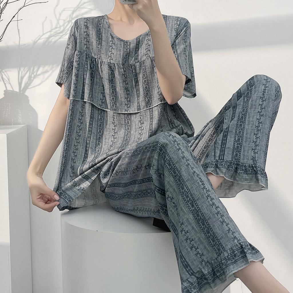 Short-sleeved Trousers Cotton and Silk Pajamas Women's Summer Thin Suit Japanese Sweet Anti-bumps Can Be Worn Outside Cotton Silk Loungewear