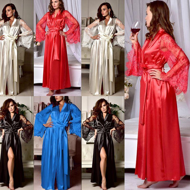Elegante Camicia da Notte da Donna in Raso di Seta con Pizzo Lingerie Kimono Abbigliamento da Notte Lunga Vestaglia