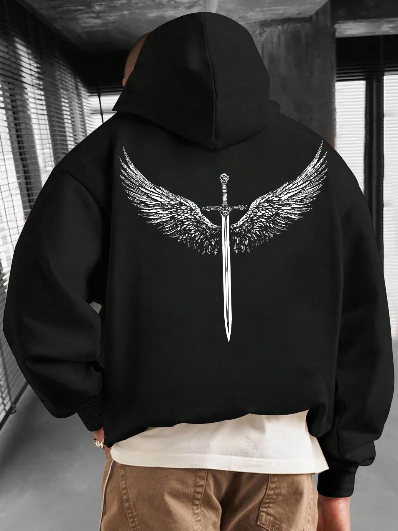 

Мужское графическое худи Крылья ангела и меч - Темно-синее, Регулируемый шнурок, Карман-кенгуру, Удобный и повседневный стиль 3XL