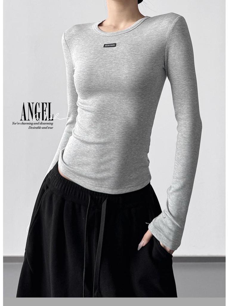 Women's Grey Round Neck Slim Fit Long T-Shirt - 2025 Autumn/Winter Collection