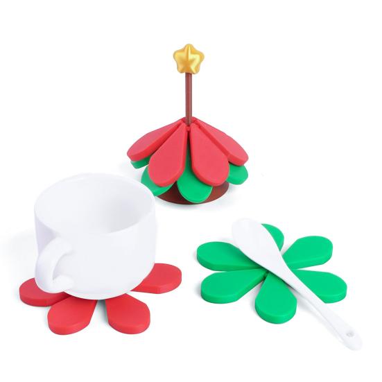 Silicone Trivets with Stand Christmas Tree Insulation Mat Festive Pot Holders for Kitchen Dining Holiday Gift Idea