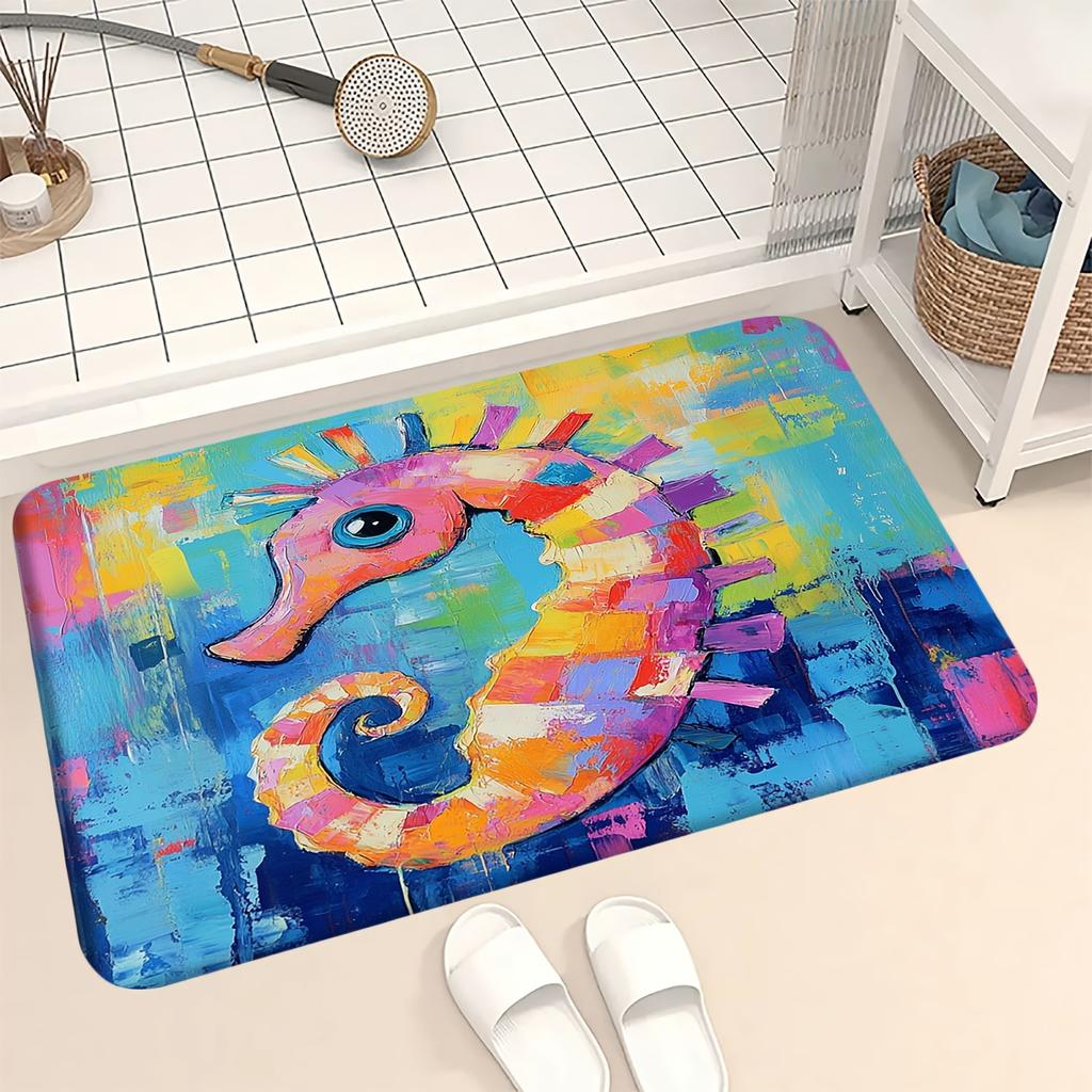 Colorful Seahorse Printed Flannel Bath Mat With Artistic Paint Style Soft Non Slip Rug For Bathroom Or Home Decor
