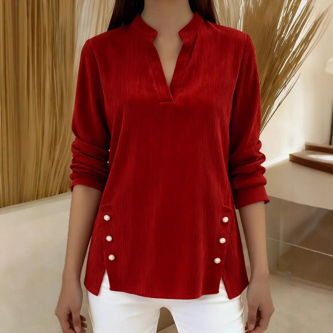 

2025 Autumn and Winter New Solid Color Loose Casual V-neck Buttoned Long-sleeved Women s Tops T-shirt S красный