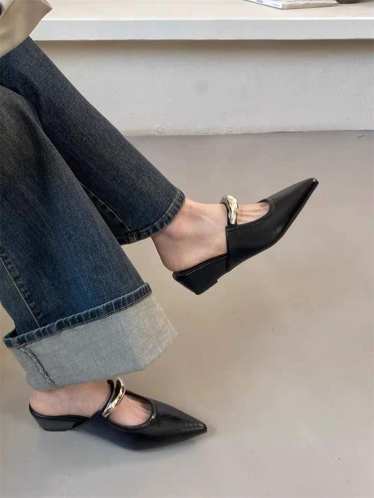 Müller's New Metal Buckle French Retro Slippers Women's Outer Wear Pointed Tip Will Increase by Half a Drag Within 2025 Mary Jane Wedge Heel
