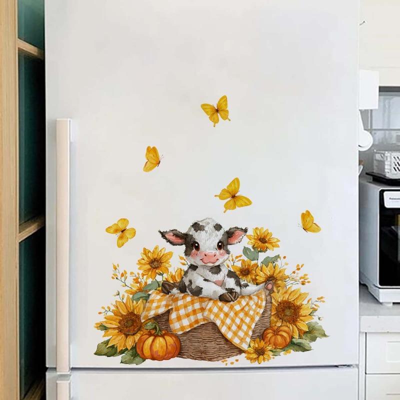 Bauernhaus-Sonnenblumen- und Kuh-Wandaufkleber - Selbstklebend und Nahtlos - Geeignet für Wohnwände