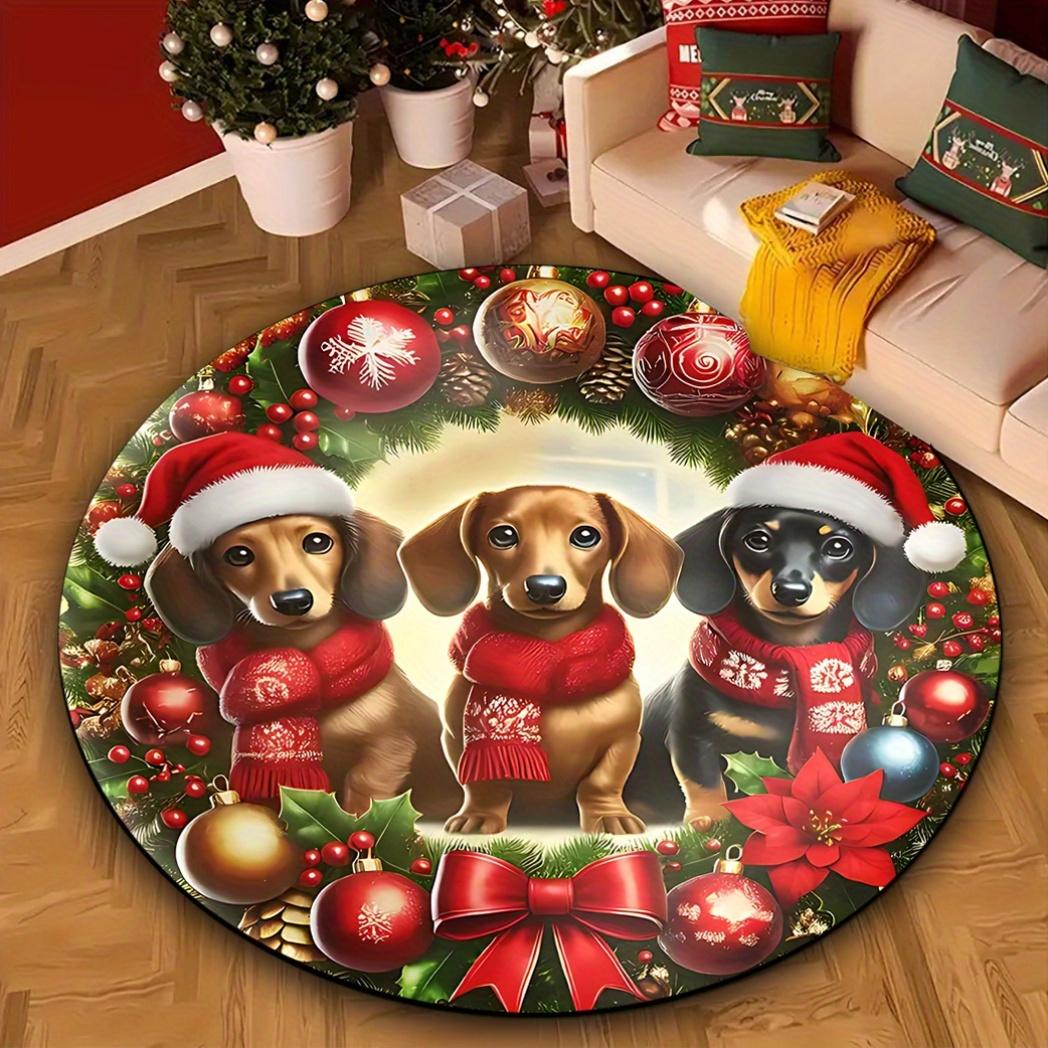 Crystal velvet carpet[ Weight Crystal Velvet]1pc Christmas Dachshund Pattern Area Rug, Christmas Decoration, Round Non 100cm