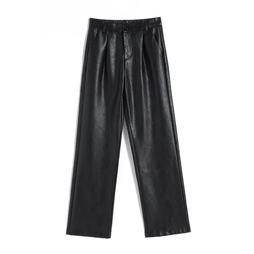 PU Leather Pant Women High Waist Straight Pant Spring Clothes Solid Pocket Streetwear Chic Black Faux Leather Trousers