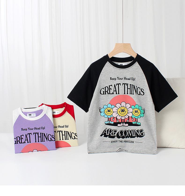 Korean Style Girls' Color Block Raglan Tee - Breathable Summer Short Sleeve Top