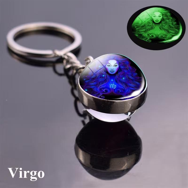 Luminous 12 Constellations Keychain Double-Sided Glass Ball Zodiac Pendant Key Ring