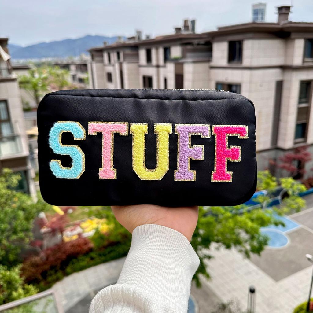 Portable Nylon Women's Cosmetic Bag Simple Letter Sticker Ladies Large Storage Bags Female Make Up Case Travel Clutch Handbags
