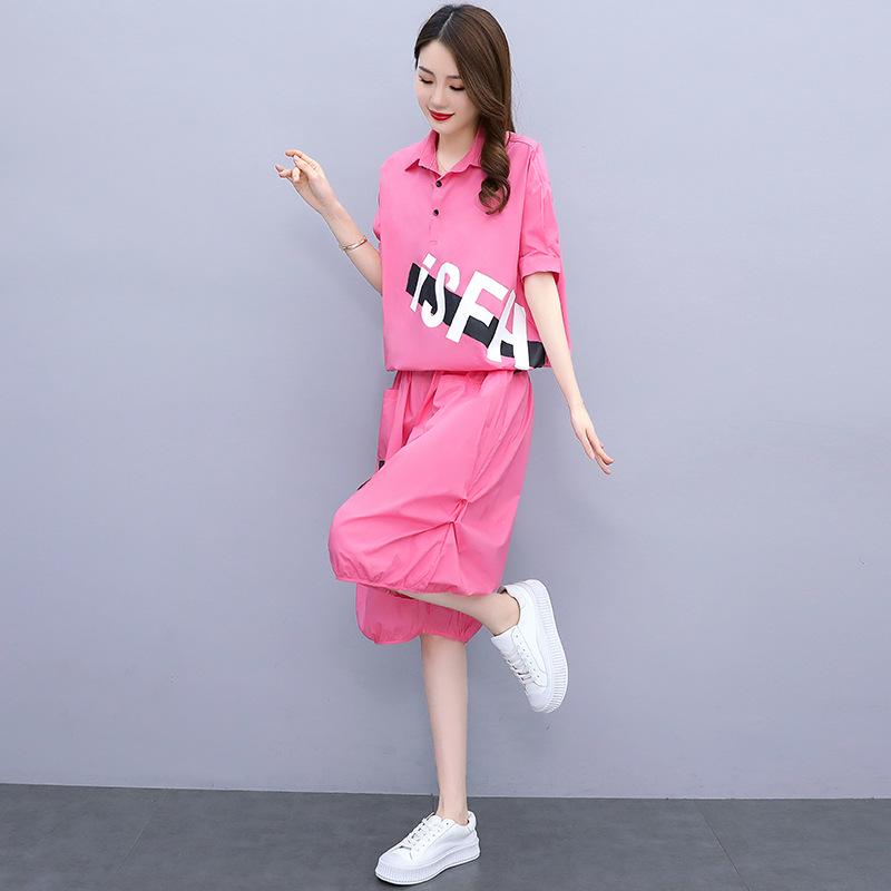 

Модный летний повседневный спортивный костюм для полных женщин, 2022, новый комплект из двух предметов XL розовый