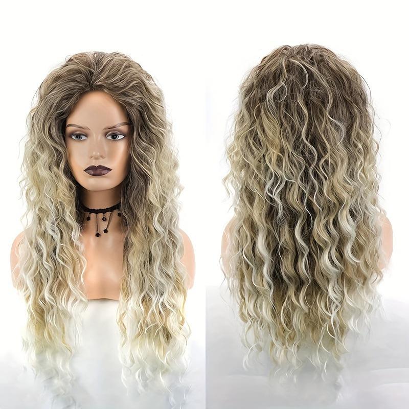 Long Curly Blonde Wigs for Women Synthetic Ombre Wig with Bangs Costume Wig for Girls Sexy Blond Wigs with Black Roots