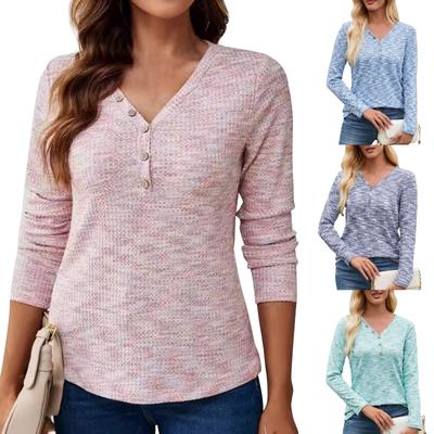 Women's Casual Long Sleeved V Neck Loose Long Sleeved T Shirt With Button Up Top