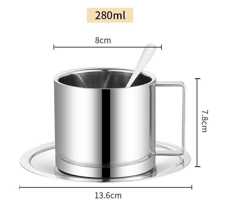 Elegant Coffee Cup with Scoop Saucer,304 Stainless Steel,Espresso Cup,Milk Mug,Cappuccino for Afternoon Tea Camping Cafeteria