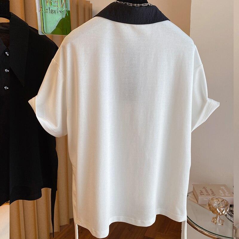 Elegant Short Sleeve Summer Split Blouse Women Loose T-shirt 2023 Fashion Drop Tops Casual Shirt White And Black Patchwork 27516
