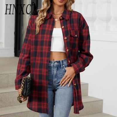 Women's Fashion Casual Plaid Print Autumn Winter Long Sleeve POLO Neck Cardigans