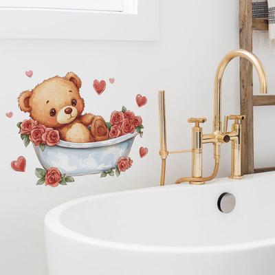 Bathtub Bear Roses Bathroom Bathroom Home Background Beautification Decoration Wall Stickers