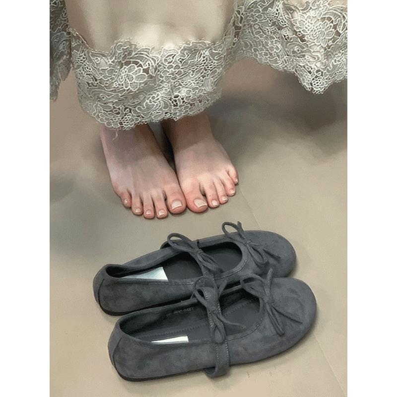 Ballet word with bow single shoes women's spring and autumn soft-soled flat-soled grandma beanie ladyshoes