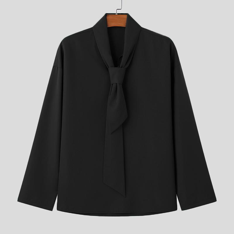 

INCERUN Мужские рубашки оверсайз с завязками на шее, с длинным рукавом, однотонные, повседневные топы S