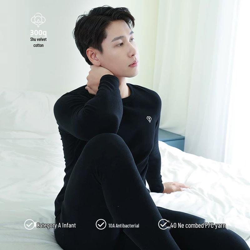 Men's Combed Cotton Autumn Pants Set - Warm, Thickened, Velvet-Lined Underwear for Teens