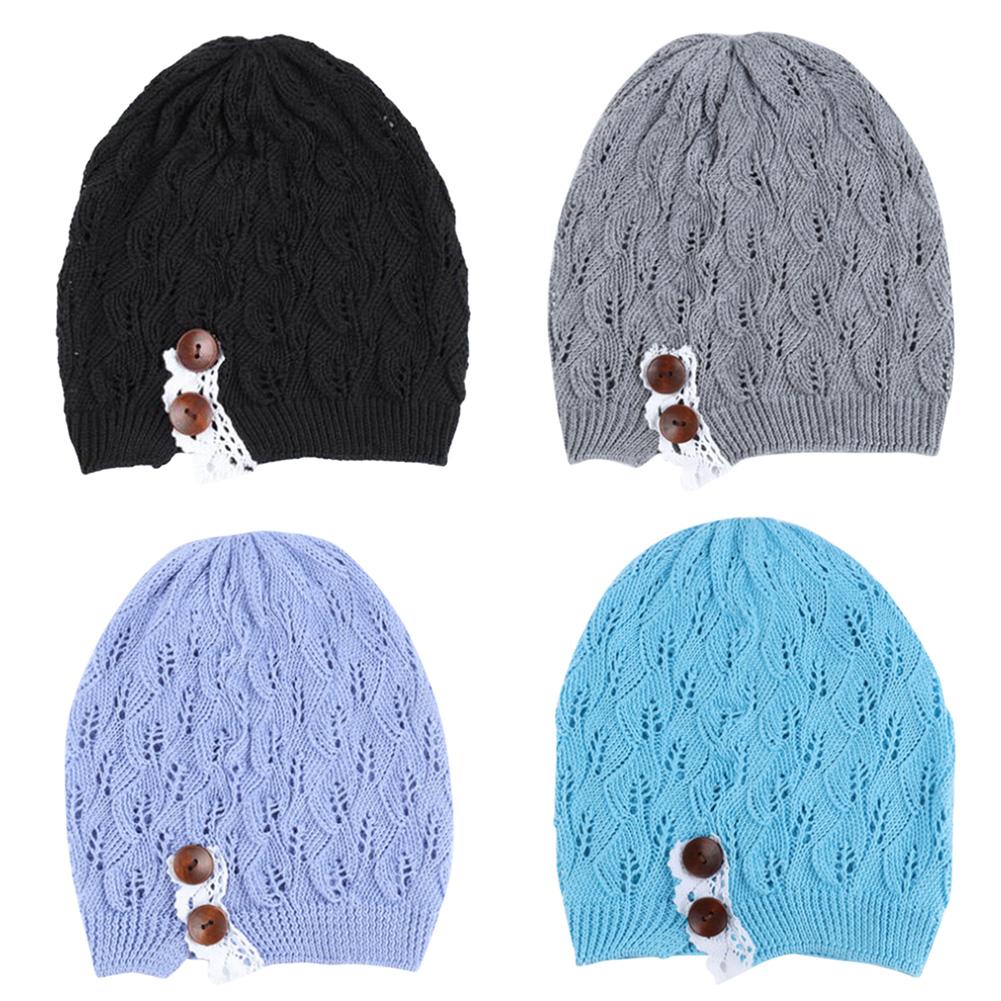 Fashion Autumn Women Knitting Beanie Skullies Hat Casual Hollow Out Leaves Lace Button Baggy Wool Cap