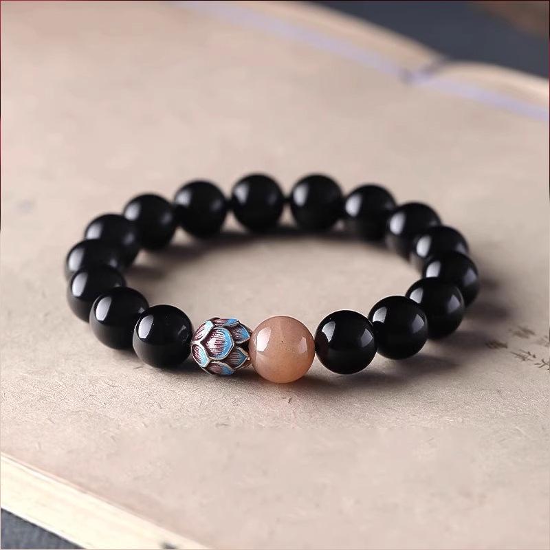 Natural Golden & Silver Obsidian Cloisonné Lotus Bracelet for Men and Women - Luck Bead Accessory 8MM