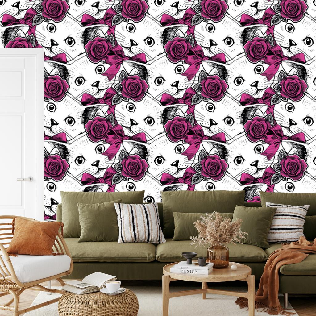 Cats and Roses Wallpaper for Living Room and Bedroom 50x1000