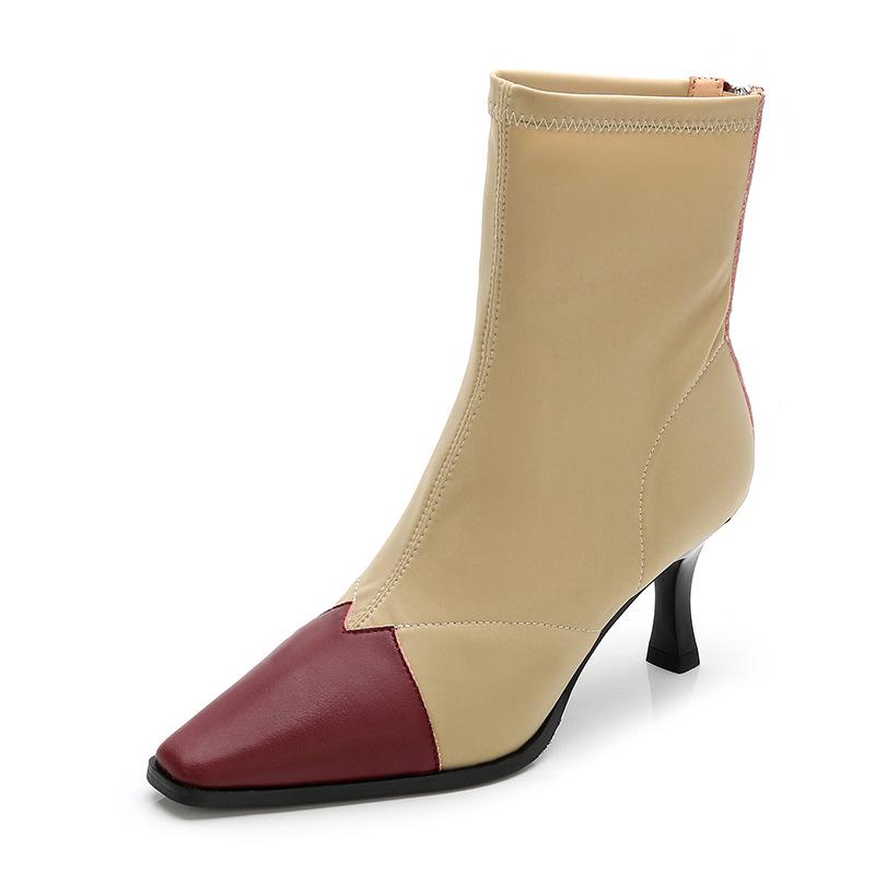 Модные женские сапоги-носки из овчины и эластичной ткани в стиле пэчворк на высоком — фото 9