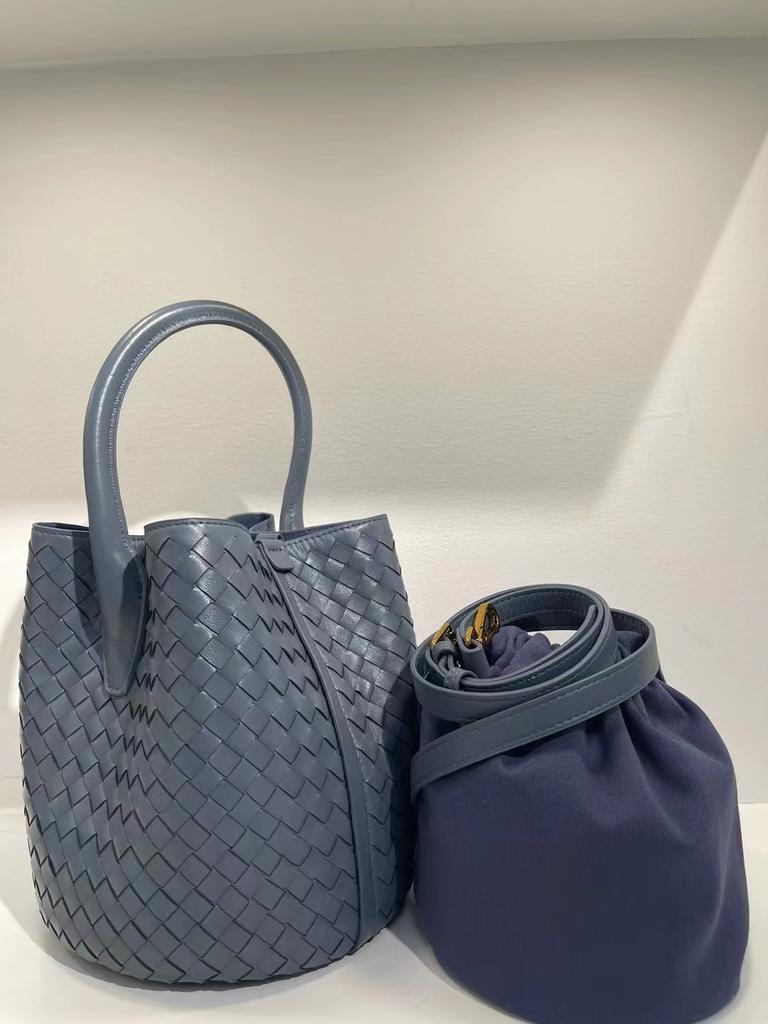 Neue gewebte Eimertasche aus Schaffell mit Nischenstruktur, Gemüsekorb, Handtasche aus echtem Leder, gewebte Umhängetasche