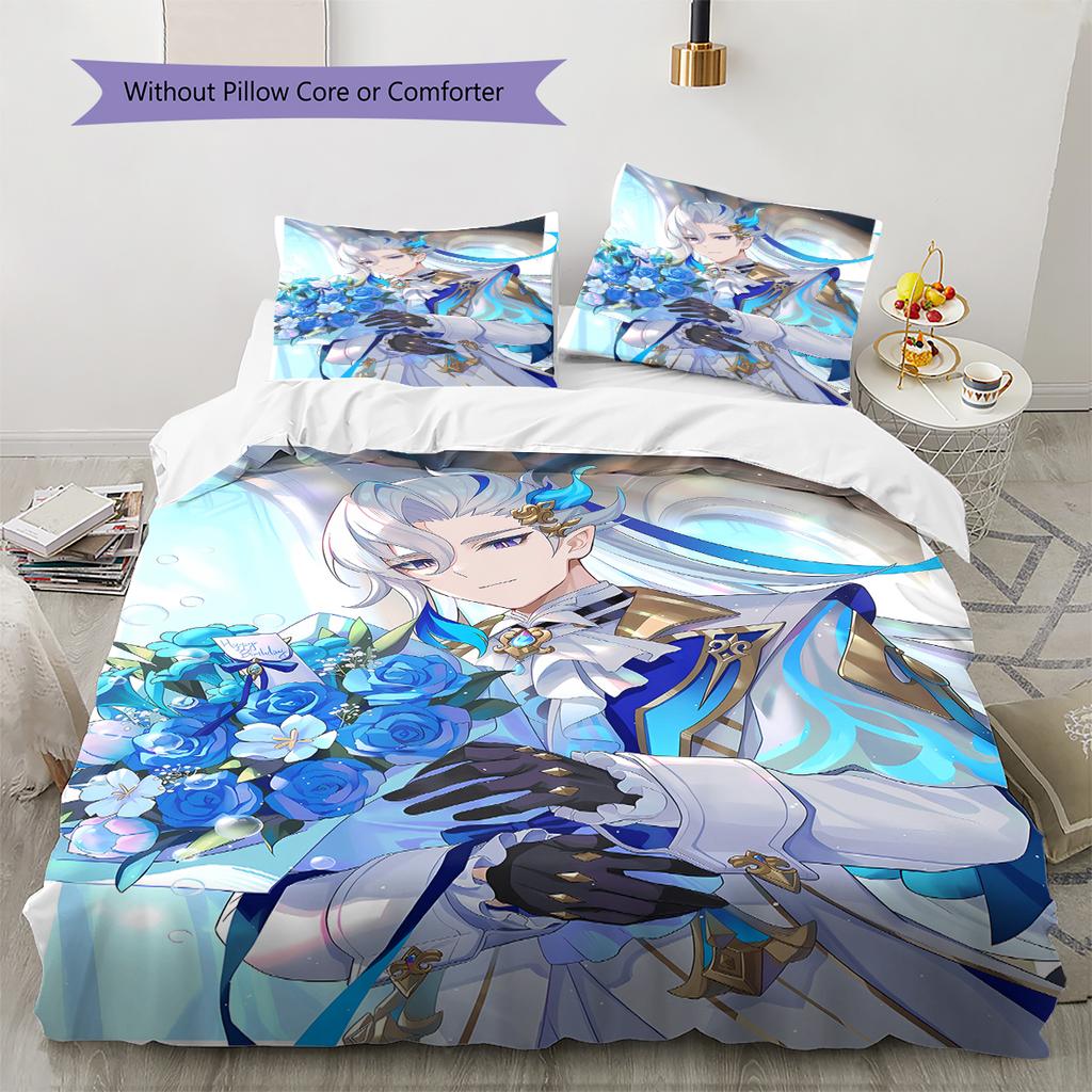 Genshin Pattern Bedding,Quilt Set Quilt Cover Pillowcase Home Birthday Gift (1 * duvet cover + 2 * pillowcase, without core)