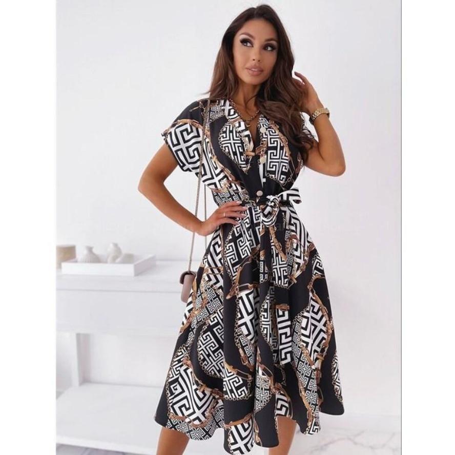 

YYFS женские модные летние весенние повседневные платья с короткими рукавами и v-образным вырезом и высокой талией S чёрный