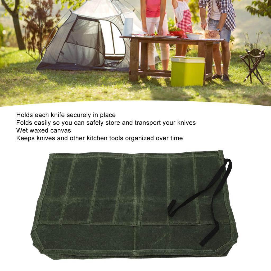 Waxed Canvas Knife Bag 7 Pocket Professional Foldable Chef Knife Roll Bag for Camping Barbecue Green