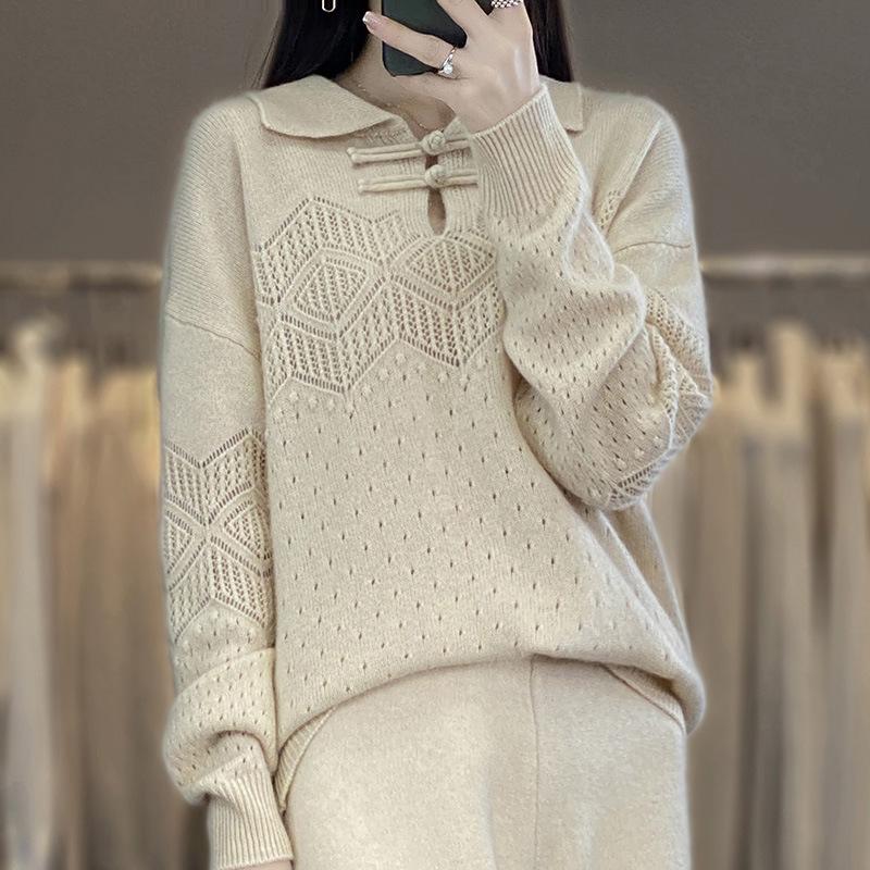 Women's Cashmere Lapel Sweater - Versatile Long Sleeve Knitwear for Autumn/Winter
