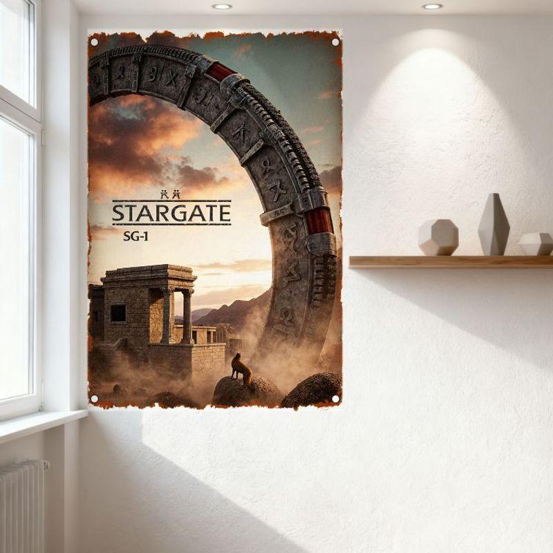 Vintage Stargate SG-1 Metal Tin Sign, Ancient Stone Gate with Symbols, Desert Landscape, Dog & Temple Structure, Warm Color Sche