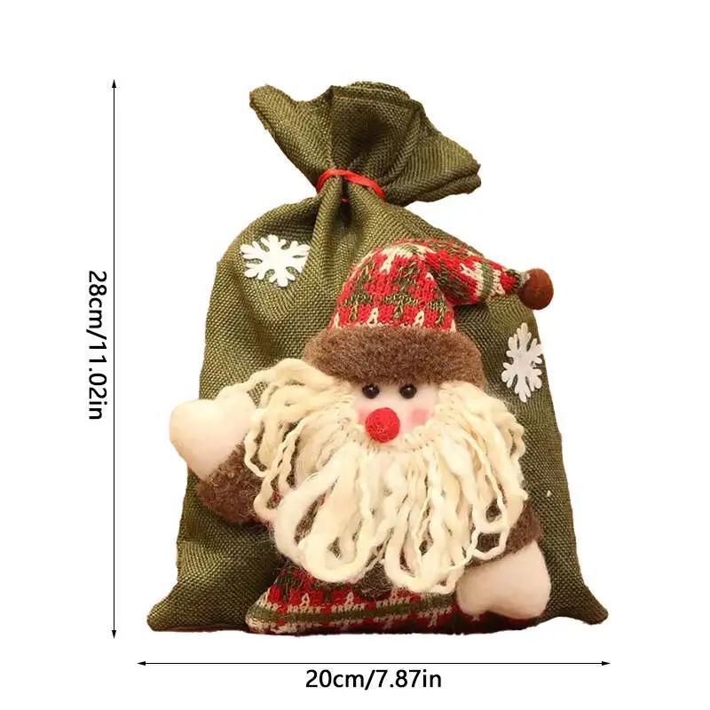 Large Christmas Linen Drawstring Gift Bag Candy Snack Packaging Bag New Year Holiday Cartoon Apple Stocking Christmas Decoration