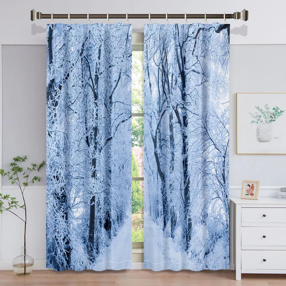 Natürlicher Wald Schneeszene Außentür Leichte Fensterscheiben Vorhänge designed für Kinder Wohnzimmer Schlafzimmer Badezimmer Küche Schrank Haken 2 Stück