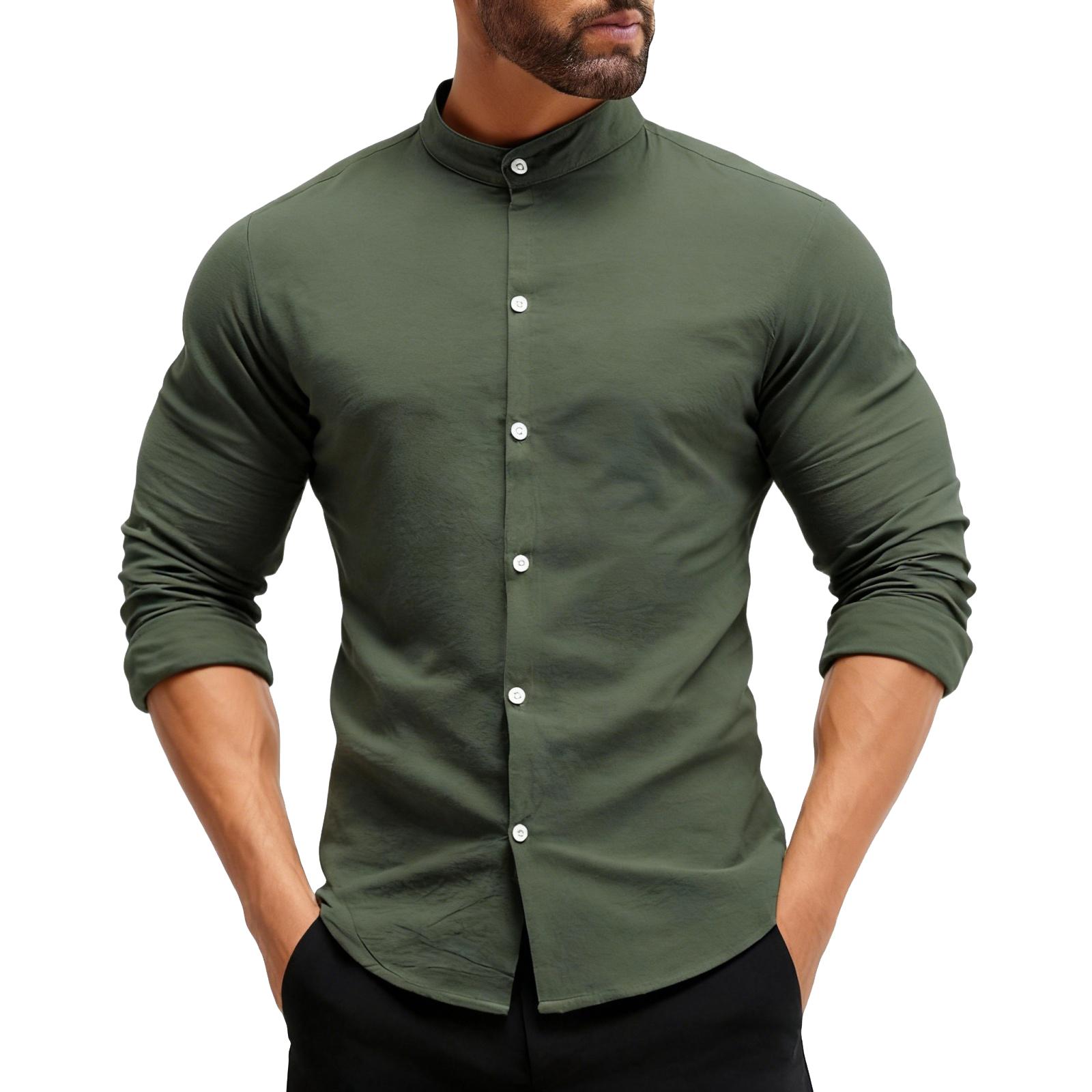

Men s Casual -color Stand-up Collar Button Cardigan Men s Casual Long-sleeved Cotton Shirt M